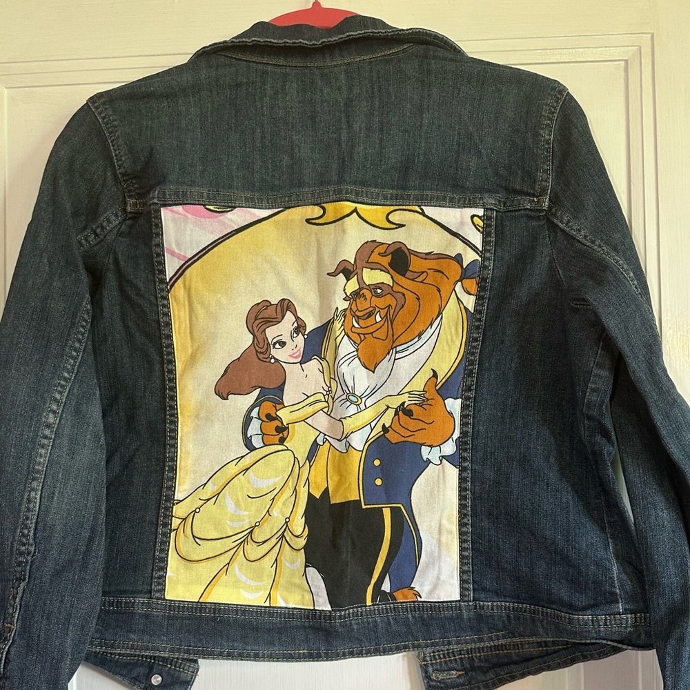 Beauty & the Beast Denim Jean Jacket-Upcycled with OOAK Vintage Disney bedsheets